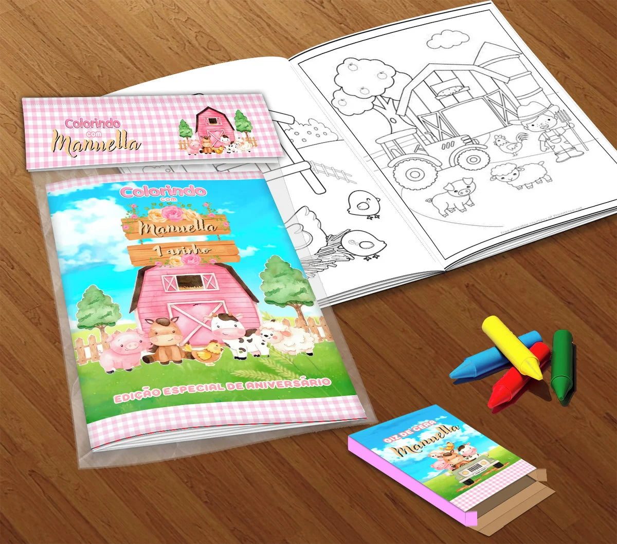 10 Kit Colorir Fazendinha Rosa (livrinho + Giz De Cera)
