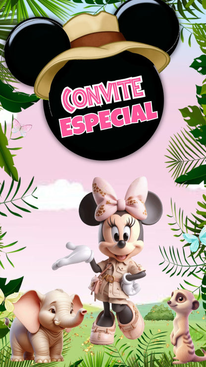 Convite Animado Minnie Rosa Safari